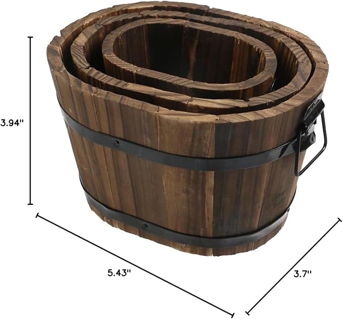 MY MIRONEY 3PCS Wooden Planter Barrel Set Vintage Style Wood Bucket Rustic Garden Flower Plant Pots Container with Metal Handles, Oval, Small, Medium & Large