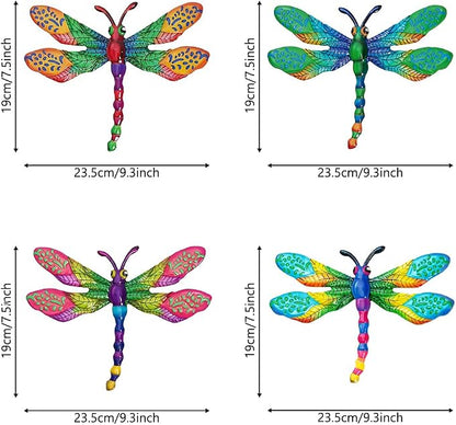 dreamskip 4 PCs Metal Dragonfly Wall Decor Art, Dragonflies Outdoor Wall Art with Colorful Leaves, Hand Painted Outdoor Decor For Garden Yard Fence Patio Outside Decoration