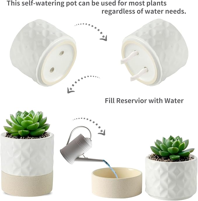 Nihow Ceramic Self Watering Plant Pot for Indoor Plants, 6 Inch,Cream White | Planter with Cotton Wick, Drainage Hole & Water Storage Plus, Cylinder Round Flower Pot, For Succulent/Herbs/Violets