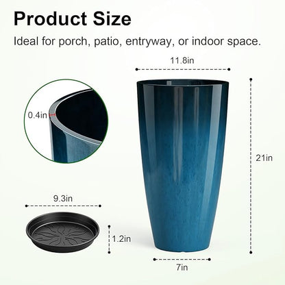 QCQHDU 21 inch Tall Planters for Outdoor & Indoor Plants, Set of 2 Large Outdoor Planters with Drainage Hole for Front Porch, Patio, Garden, Home Decor, Blue