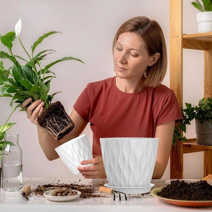 4/4.5/5/5.5/6/6.5/7 Inch Plant Pots,7 Pack Flower Pots with Drainage Holes and Trays,Plastic Planters for Indoor Outdoor Plants Growth,White