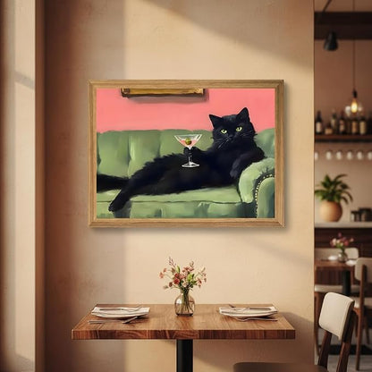 smvexyl Funny Black Cat Wall Art with Martini Glass, Eclectic Cocktail Cat Canvas Painting, Quirky Animal Bar Cart Decor for Kitchen Living Room Apartment Wall Decor Framed Artwork16x12 Inch