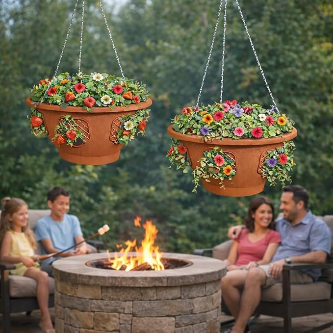 Ultimate Hanging Baskets - Strawberry, Tomato, Flower, and Herb Outdoor Planters - Use Garden Pots for Growing Plants Outside On A Deck, Fence, or Balcony (10, Terracotta)
