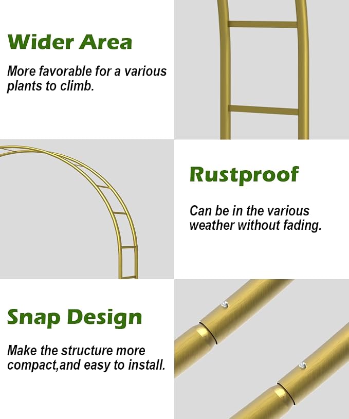 Queension Metal Wedding Arch for Ceremony Party Decoration 7Ft Wide 7.7Ft High,Garden Arch Trellis with Ground Bases for Climbing Plants,Outdoor Garden Arbor for Roses Vines, Round Frame, Gold