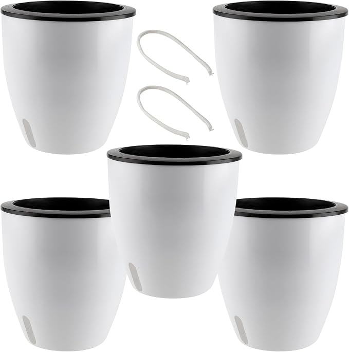 5 Pack 7 Inch Self Watering Plant Pots, White Plastic Self Watering Flower Pots with Visual Water Level Window, Self Watering Planter for Indoor Plants, Herb, African Violet, Succulent