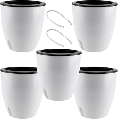 5 Pack 7 Inch Self Watering Plant Pots, White Plastic Self Watering Flower Pots with Visual Water Level Window, Self Watering Planter for Indoor Plants, Herb, African Violet, Succulent