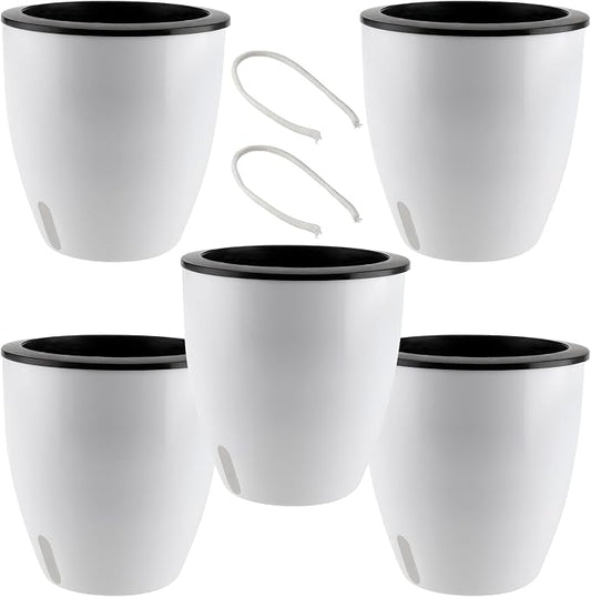 5 Pack 7 Inch Self Watering Plant Pots, White Plastic Self Watering Flower Pots with Visual Water Level Window, Self Watering Planter for Indoor Plants, Herb, African Violet, Succulent