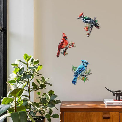 3 Pack Metal Birds Wall Art Garden Decor, Cardinal Outdoor Wall Art Yard Patio Fence Decoration, 3D Colorful Birds Wall Hanging Sculpture Gift for Garden Outside Livingroom