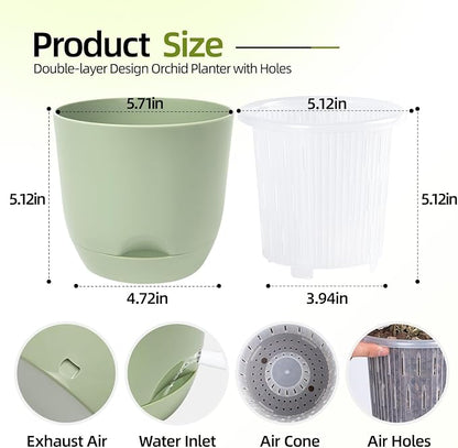 QCQHDU 5.7Inch Orchid Pots with Holes for Repotting, Double-Layer Plastic Self Watering Flower Pots for Indoor Plants with Drainage Holes, Clear Orchid Pot Match Decorative Orchid Container, 3 Packs