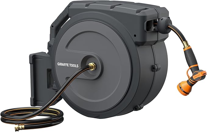 Giraffe Tools AW40 Retractable Hose Reel 5/8" x 90 ft Wall Mounted Garden Hose Reel Heavy Duty, Automatic Rewind, 180 Deg Swivel, Any Length Lock, 7 Pattern Nozzle, 90 ft, Dark Grey