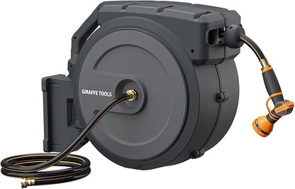 Giraffe Tools AW40 Retractable Hose Reel 5/8" x 90 ft Wall Mounted Garden Hose Reel Heavy Duty, Automatic Rewind, 180 Deg Swivel, Any Length Lock, 7 Pattern Nozzle, 90 ft, Dark Grey