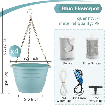 RooTrimmer Hanging Planters 10 Inch, 4 Pcs Flower Pots Automatic Watering System Set, Self Watering Hanging Basket with Drainage Hole for Indoor Outdoor Plants, Decor, Blue