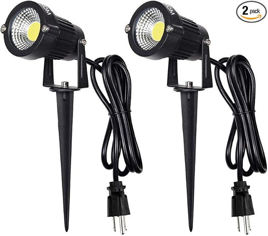 LED Landscape Spotlight Outdoor,IP65 Waterproof Garden Spotlights,5W AC 120V Yard Flood Light,Metal Ground Stake Lawn Lights,6500K LED Spotlight with 1.5M UL-Listed Cord and 3-Plug (2 Packs)
