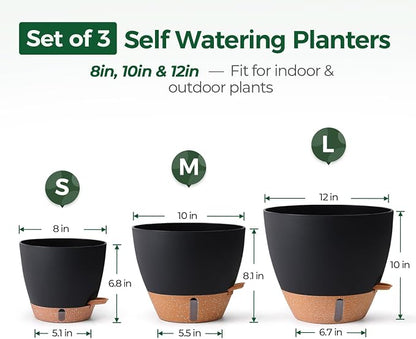 T4U 3 Pack Self Watering Pots (8"+10"+12") - Water Level Indicator & Deep Reservoir, Mess-Free Planters for Busy People, Beginners & Gardeners, Fits Pothos to Monstera, Indoor Outdoor Use (Black)