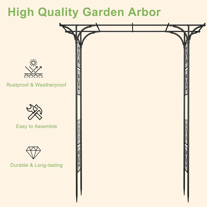 8FT Garden Arch Arbor, Steel Frame Stand Trellis for Climbing Plants, Outdoor Archway Gate for Wedding Ceremony Decoration Party Vines Lawn Courtyard Patio Backyard