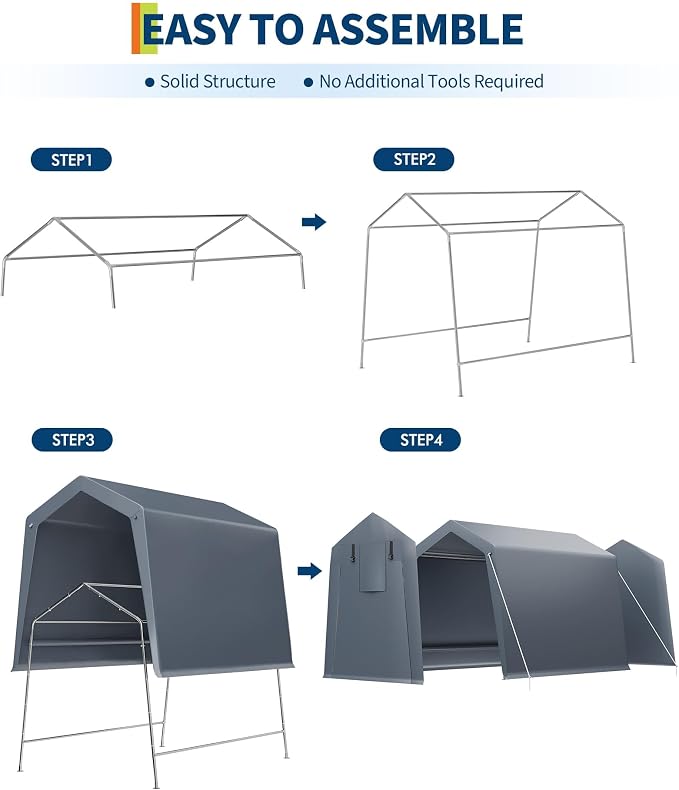 6 x 8 ft Bike Shed ATV Storage Tent Portable Storage Shed Outdoor Carport Tarp Sheds with Roll-Up Door for Motorcycle, Car, Garden Tools Grey
