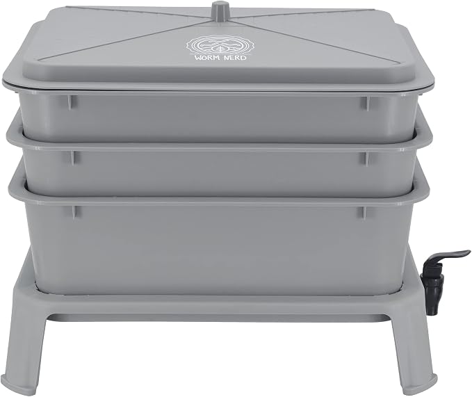 Worm Nerd WN52 4-Tray Worm Composting Bin Kit with Coco Coir Brick for Recycling Food Waste, Worm Castings, Worm Tea, Vermiculture and Vermicomposting, Gray