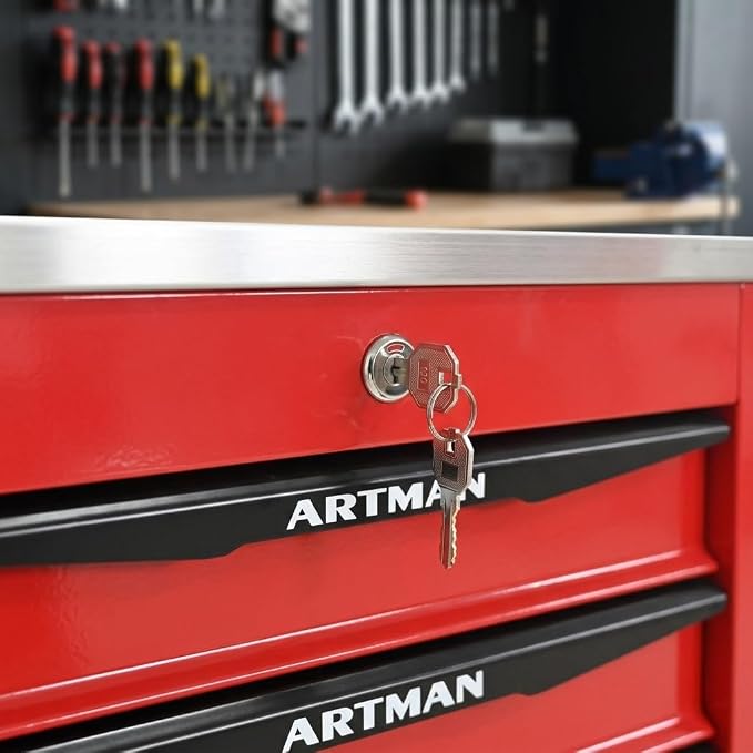 5-Drawer Rolling Tool Chest, Lockable Stainless Worktop for Garage, Red | Heavy Duty Metal Tool Cabinet with Drawers on Wheels for Warehouse and Workshop Storage