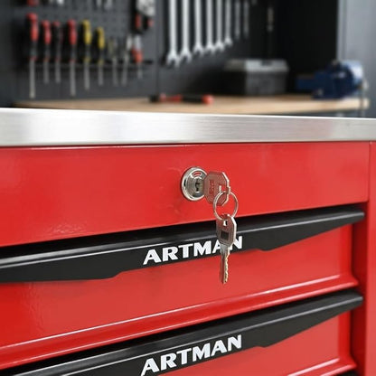 5-Drawer Rolling Tool Chest, Lockable Stainless Worktop for Garage, Red | Heavy Duty Metal Tool Cabinet with Drawers on Wheels for Warehouse and Workshop Storage