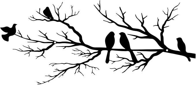 Metal Birds Wall Art, Metal Vivid Birds on Branch Silhouette Wall Decor Black Leaves with Bird Outdoor Hanging Wall Sculpture for Home Balcony Garden(Large)
