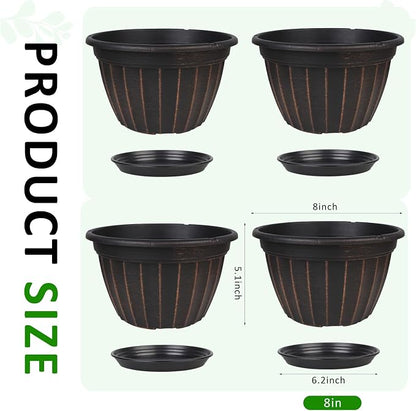 FGstyle 4 Pack Flower Pots,8 Inch Plants Pot,Planters Pot with Drainage Hole & Saucer,Modern Planters for Indoor Outdoor Plants,Decorative Resin Garden Pots for Outdoor Indoor Home Plants (Black)