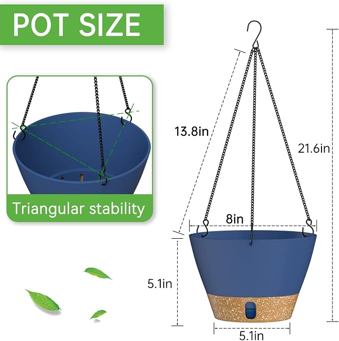 ZMTECH 2 Pack 8 Inch Hanging Baskets for Plants Outdoor Indoor, Modern Blue Planters with Water Level Window & Metal Chain for Balcony Patio Garden Home Decor