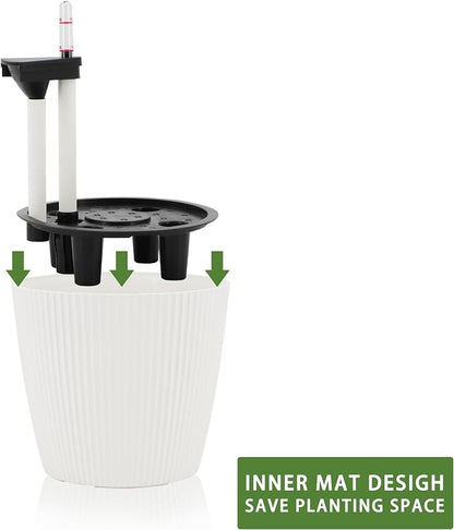 Dexceder 13x12 Self Watering Planters Indoor (2 Pack, White) | Inner Mat Design, Floor Standing Flower Plant Pot with Water Level Indicator
