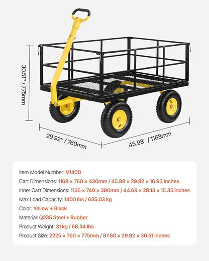 VEVOR Steel Garden Cart, 1400 lbs Heavy Duty Pullable Garden Wagon Yard Cart, 2 in 1 Outdoor Metal Utility Wagon Yard Trailer with 13" All Terrain Tires, Mesh Detachable Sides and 180° Rotating Handle