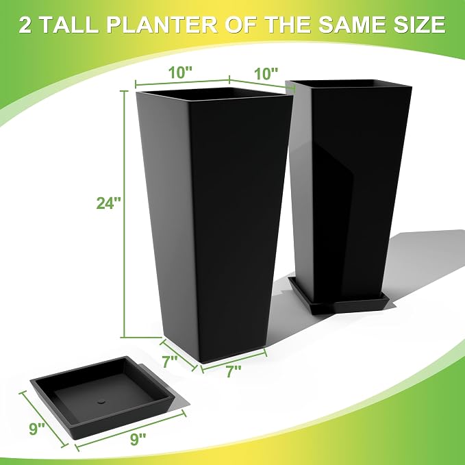 TUYOHW 24-Inch Tall Planters for Outdoor Plants, Set of 2, Black | Square tapered plastic planters with drainage trays for front porch, patio, entryway, backyard, or indoor plants