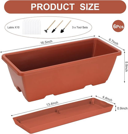 HOXHA Window Box Planter, 6 Pack 17inch Plastic Vegetable Flower Planter Boxes with Tray, Indoor Outdoor Flower Pots for Windowsill, Patio, Porch, Garden Balcony, Brick Red