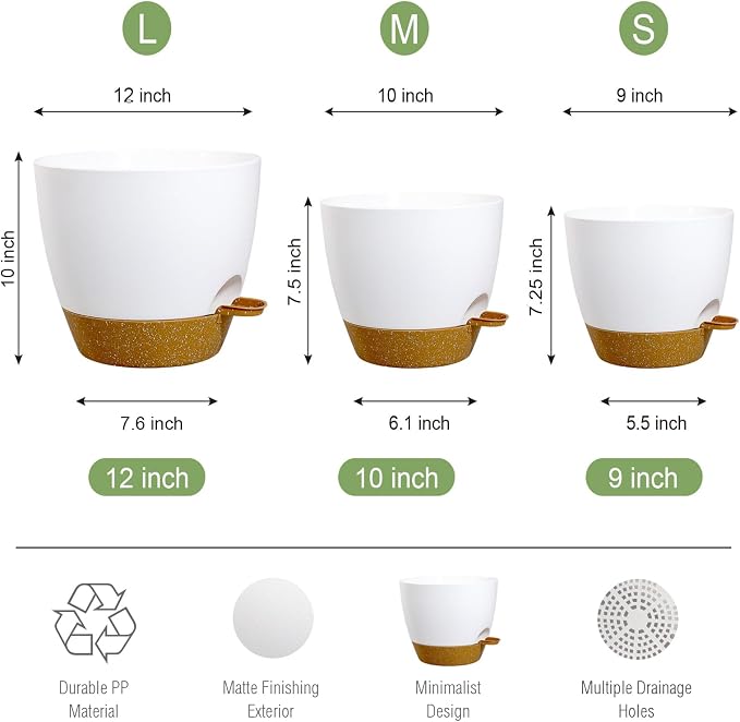 UOUZ Large Self Watering Pots, 12/10/9 Plastic Planters with High Drainage Holes and Deep Reservoir for Indoor Outdoor Garden Plants and Flowers, White with Brown