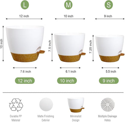 UOUZ Large Self Watering Pots, 12/10/9 Plastic Planters with High Drainage Holes and Deep Reservoir for Indoor Outdoor Garden Plants and Flowers, White with Brown