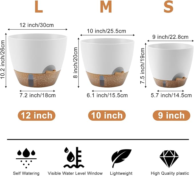 QRRICA 12/10/9 Inch Self-Watering Plant Pots with Water Level Indicator, Drainage Holes & Saucers – Large Plastic Planter Set for Indoor & Outdoor Plants (White)