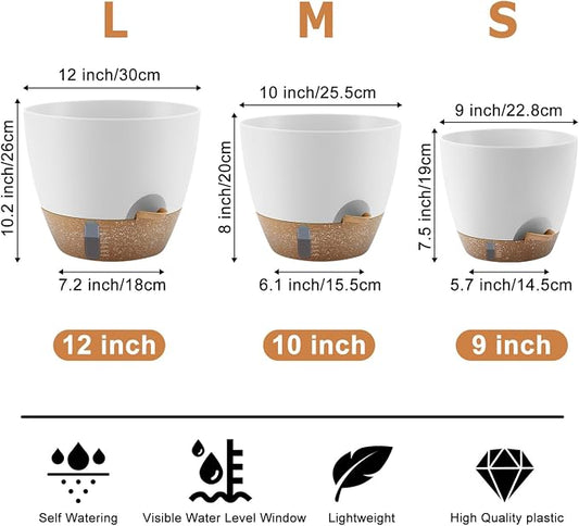 QRRICA 12/10/9 Inch Self-Watering Plant Pots with Water Level Indicator, Drainage Holes & Saucers – Large Plastic Planter Set for Indoor & Outdoor Plants (White)