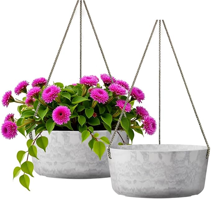 Asnext 10.7 Inch Hanging Planter for Outdoor Indoor Plants，2 Pack Hanging Flower Pots with Drain Holes for Garden Home Decor Use (Marble)