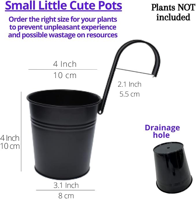 LaLaGreen Small Hanging Planters - 10 Pack, 4 Inch Black Metal Bucket Small Flower Pots for Outdoor Outside, Balcony Railing Hanging, Cute Garden Decor Rail Wall Farmhouse Rustic Deck Porch Succulent | Balcony railing planters for apartment, patio, por...