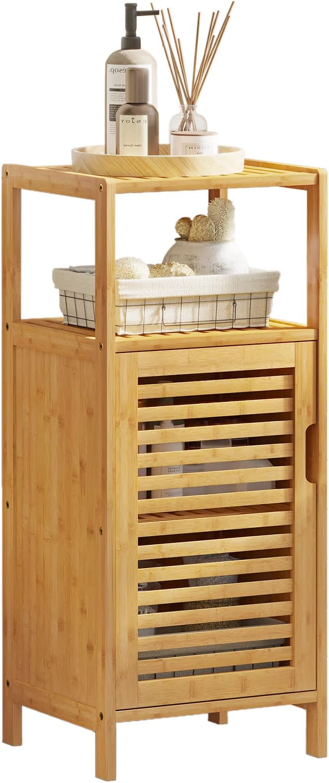 VIAGDO Bamboo Cabinet, Bathroom Storage Cabinet with Single Door and Shelf, Freestanding Bathroom Cabinet, Kitchen Cupboard, Sofa Side Table for Living Room/Hallway/Kitchen