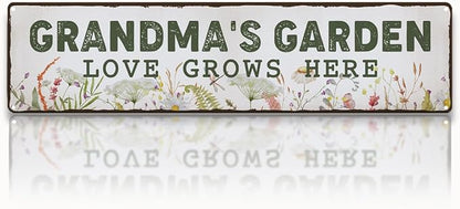 Garden Metal Tin Sign, Grandma’s Garden Love Grows Here Sign, Vintage Floral Farmhouse Outdoor Wall Decor, for Porch Patio Fence, Gift for Grandma Gardens Decor, 15.7 x 3.9 Inches