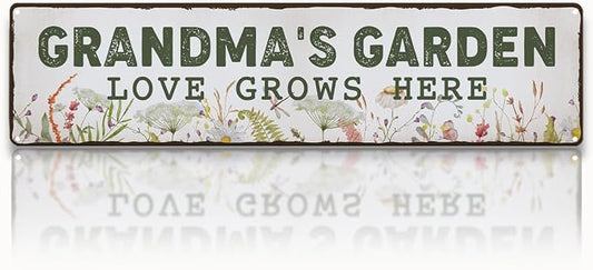 Garden Metal Tin Sign, Grandma’s Garden Love Grows Here Sign, Vintage Floral Farmhouse Outdoor Wall Decor, for Porch Patio Fence, Gift for Grandma Gardens Decor, 15.7 x 3.9 Inches