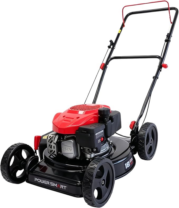 PowerSmart 18-inch 144cc Gas Lawn Mower, Push Mower with Side-Discharge | 144cc 4-stroke OHV engine, 5-Position Height Adjustment