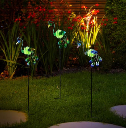 Decorative Garden Stakes, 3 Pack Glow in Dark Metal Garden Stakes | Luminous Peacock Yard Art Decor Waterproof Lawn Ornament Gifts for Mom, Women