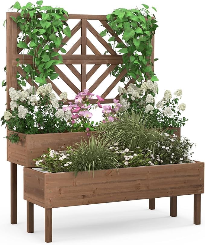 Nightcore Outdoor Elevated Garden Bed with Trellis，Raised Garden Bed with Legs & Drain Holes，2-Tier Wooden Planter Box for Vegetable Fruit Herb