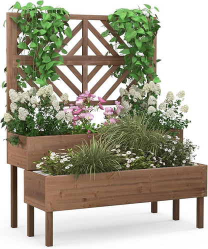 Nightcore Outdoor Elevated Garden Bed with Trellis，Raised Garden Bed with Legs & Drain Holes，2-Tier Wooden Planter Box for Vegetable Fruit Herb