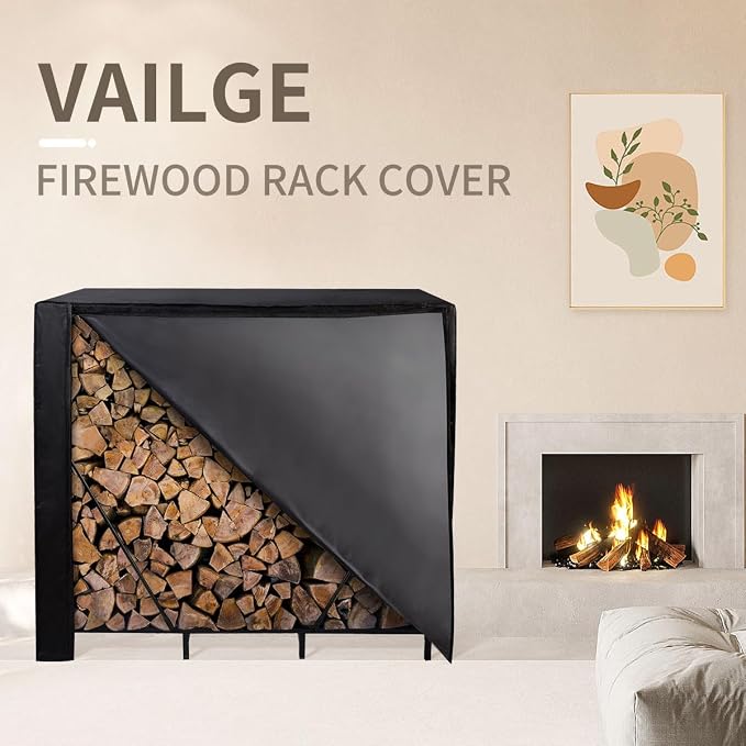 Vailge Firewood Rack Cover 4FT, Waterproof Firewood Rack Outdoor Cover with Full Front Zipper & Windproof Straps, Heavy Duty 600D Oxford Log Protector for All Seasons