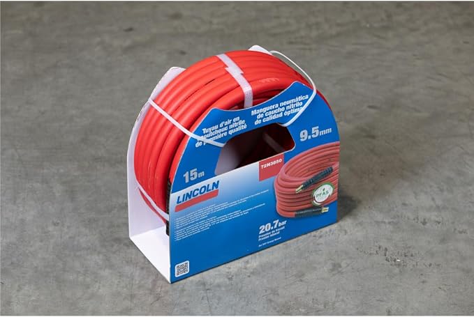 Lincoln 72N3850 50' x 3/8" ID Air/Water Hybrid Polymer Replacement Hose for 83753 Reel, 1/4" NPT Male Leak-free Brass Fittings, Kink Resistant, Meets PFAS-Free Regulations, UV Protective, Red/Black