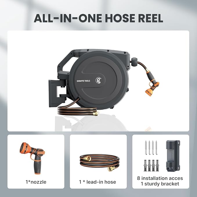 Giraffe Tools Garden Hose Reel 1/2" x 100 ft,Wall Mounted Retractable Water Hose Reel, Automatic Rewind & Lock at Any Length