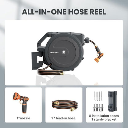 Giraffe Tools Garden Hose Reel 1/2" x 100 ft,Wall Mounted Retractable Water Hose Reel, Automatic Rewind & Lock at Any Length