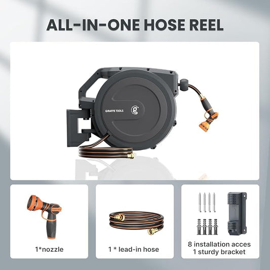 Giraffe Tools Garden Hose Reel 1/2" x 100 ft,Wall Mounted Retractable Water Hose Reel, Automatic Rewind & Lock at Any Length