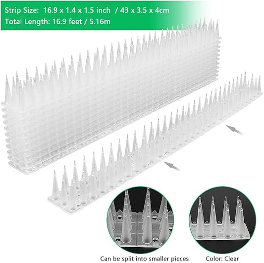 Defender Spikes, 12 Pack Plastic Bird Spike, Outdoor Wall Cat & Pigeon Spikes, 17 Feet Security Fence Spikes Anti-Theft Climb Strips for Roof, Railing (Clear-12 PCS)…