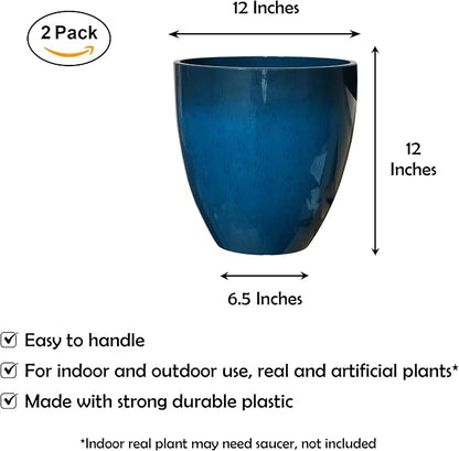 RUBBER BOND Plastic Plant Pots 2 Pack - Modern Indoor/Outdoor Planters for Home Decor - Weather-Resistant Large Flower Pots - Lightweight 12 Inches Tall Planters